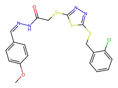 2-[[5-[(2-chlorophenyl)methylsulfanyl]-1,3,4-thiadiazol-2-yl]sulfanyl]-N-[(E)-(4-methoxyphenyl)methylideneamino]acetamide structure