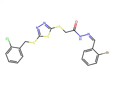 N-[(E)-(2-bromophenyl)methylideneamino]-2-[[5-[(2-chlorophenyl)methylsulfanyl]-1,3,4-thiadiazol-2-yl]sulfanyl]acetamide structure