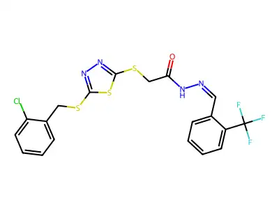 2-[[5-[(2-chlorophenyl)methylsulfanyl]-1,3,4-thiadiazol-2-yl]sulfanyl]-N-[(E)-[2-(trifluoromethyl)phenyl]methylideneamino]acetamide structure