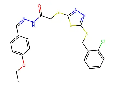2-[[5-[(2-chlorophenyl)methylsulfanyl]-1,3,4-thiadiazol-2-yl]sulfanyl]-N-[(E)-(4-ethoxyphenyl)methylideneamino]acetamide structure