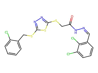 2-[[5-[(2-chlorophenyl)methylsulfanyl]-1,3,4-thiadiazol-2-yl]sulfanyl]-N-[(E)-(2,3-dichlorophenyl)methylideneamino]acetamide structure
