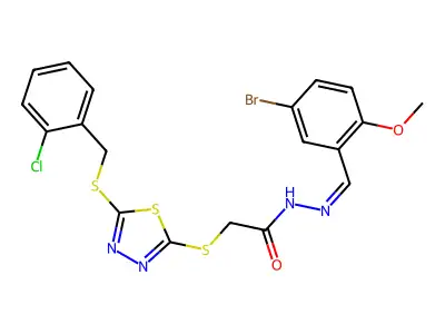 N-[(E)-(5-bromo-2-methoxyphenyl)methylideneamino]-2-[[5-[(2-chlorophenyl)methylsulfanyl]-1,3,4-thiadiazol-2-yl]sulfanyl]acetamide structure