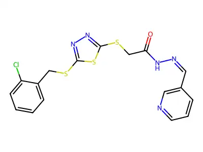 2-[[5-[(2-chlorophenyl)methylsulfanyl]-1,3,4-thiadiazol-2-yl]sulfanyl]-N-[(E)-pyridin-3-ylmethylideneamino]acetamide structure