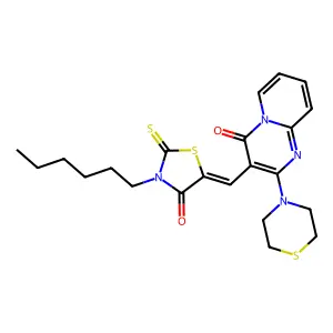 3-[(Z)-(3-hexyl-4-oxo-2-thioxo-1,3-thiazolidin-5-ylidene)methyl]-2-(thiomorpholin-4-yl)-4H-pyrido[1,2-a]pyrimidin-4-one structure