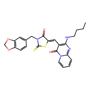 3-{(Z)-[3-(1,3-benzodioxol-5-ylmethyl)-4-oxo-2-thioxo-1,3-thiazolidin-5-ylidene]methyl}-2-(butylamino)-4H-pyrido[1,2-a]pyrimidin-4-one structure