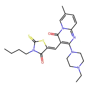 3-[(Z)-(3-butyl-4-oxo-2-thioxo-1,3-thiazolidin-5-ylidene)methyl]-2-(4-ethylpiperazin-1-yl)-7-methyl-4H-pyrido[1,2-a]pyrimidin-4-one structure