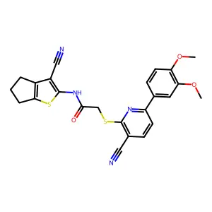 N-(3-cyano-5,6-dihydro-4H-cyclopenta[b]thiophen-2-yl)-2-[3-cyano-6-(3,4-dimethoxyphenyl)pyridin-2-yl]sulfanylacetamide structure