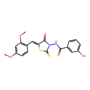 N-[(5Z)-5-(2,4-dimethoxybenzylidene)-4-oxo-2-thioxo-1,3-thiazolidin-3-yl]-3-hydroxybenzamide structure