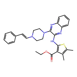 ethyl 4,5-dimethyl-2-[(3-{4-[(E)-2-phenylethenyl]piperazin-1-yl}quinoxalin-2-yl)amino]thiophene-3-carboxylate structure