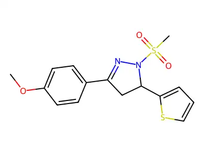 3-(4-methoxyphenyl)-1-(methylsulfonyl)-5-(thiophen-2-yl)-4,5-dihydro-1H-pyrazole structure