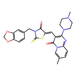 3-{(Z)-[3-(1,3-benzodioxol-5-ylmethyl)-4-oxo-2-thioxo-1,3-thiazolidin-5-ylidene]methyl}-7-methyl-2-(4-methylpiperazin-1-yl)-4H-pyrido[1,2-a]pyrimidin-4-one structure
