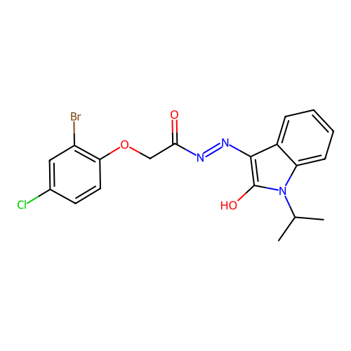 2-(2-bromo-4-chlorophenoxy)-N'-[(3Z)-2-oxo-1-(propan-2-yl)-1,2-dihydro-3H-indol-3-ylidene]acetohydrazide structure