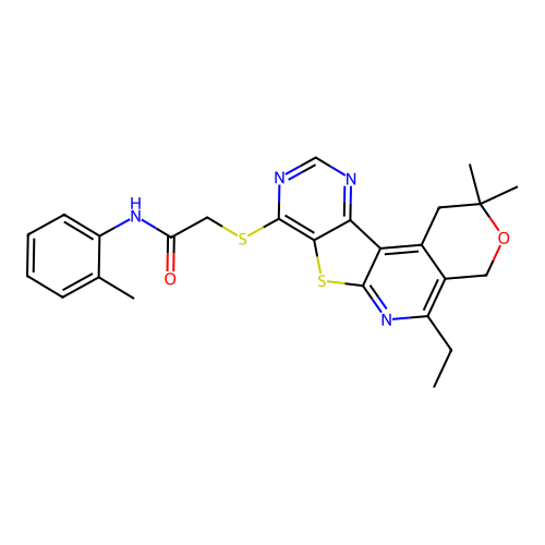 2-((5-ethyl-2,2-dimethyl-2,4-dihydro-1H-pyrano[4'',3'':4',5']pyrido[3',2':4,5]thieno[3,2-d]pyrimidin-8-yl)thio)-N-(o-tolyl)acetamide structure