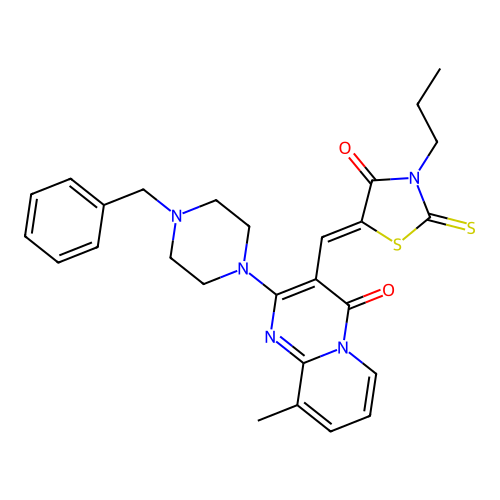 2-(4-benzylpiperazin-1-yl)-9-methyl-3-[(Z)-(4-oxo-3-propyl-2-thioxo-1,3-thiazolidin-5-ylidene)methyl]-4H-pyrido[1,2-a]pyrimidin-4-one structure