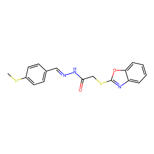 N-[(1E)-2-(4-methylthiophenyl)-1-azavinyl]-2-benzoxazol-2-ylthioacetamide structure