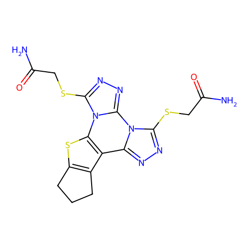 2,2'-((11,12-dihydro-10H-cyclopenta[4,5]thieno[3,2-e]bis([1,2,4]triazolo)[4,3-a:4',3'-c]pyrimidine-3,7-diyl)bis(sulfanediyl))diacetamide structure