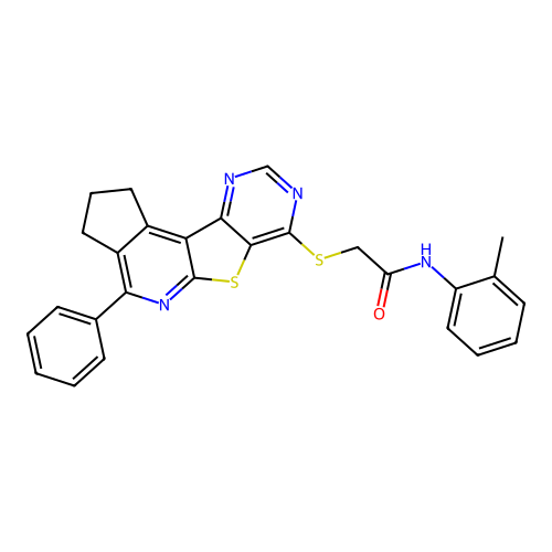 2-((4-phenyl-2,3-dihydro-1H-cyclopenta[4',5']pyrido[3',2':4,5]thieno[3,2-d]pyrimidin-7-yl)thio)-N-(o-tolyl)acetamide structure