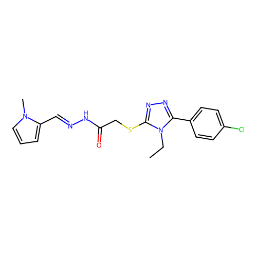 2-{[5-(4-chlorophenyl)-4-ethyl-4H-1,2,4-triazol-3-yl]sulfanyl}-N'-[(E)-(1-methyl-1H-pyrrol-2-yl)methylidene]acetohydrazide structure