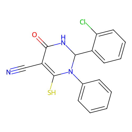 2-(2-chlorophenyl)-4-oxo-1-phenyl-6-sulfanyl-1,2,3,4-tetrahydropyrimidine-5-carbonitrile structure