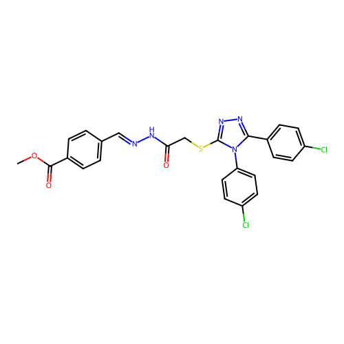 (E)-methyl 4-((2-(2-((4,5-bis(4-chlorophenyl)-4H-1,2,4-triazol-3-yl)thio)acetyl)hydrazono)methyl)benzoate structure