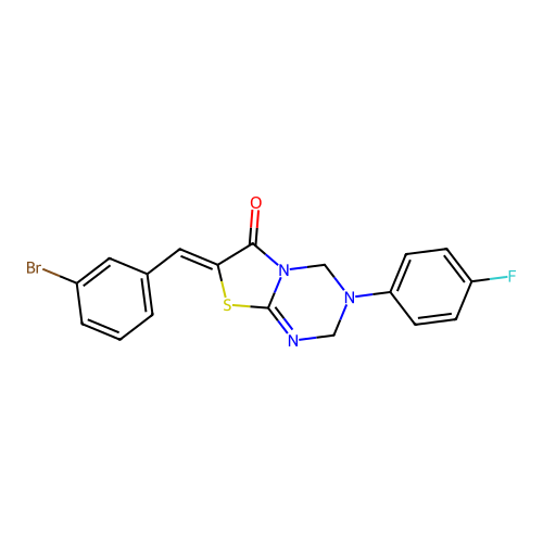 (7Z)-7-(3-bromobenzylidene)-3-(4-fluorophenyl)-3,4-dihydro-2H-[1,3]thiazolo[3,2-a][1,3,5]triazin-6(7H)-one structure