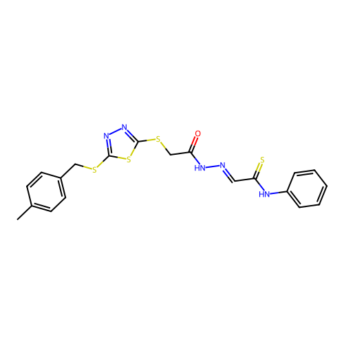 (2E)-2-{2-[({5-[(4-methylbenzyl)sulfanyl]-1,3,4-thiadiazol-2-yl}sulfanyl)acetyl]hydrazinylidene}-N-phenylethanethioamide structure