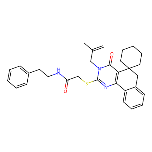 2-((3-(2-methylallyl)-4-oxo-4,6-dihydro-3H-spiro[benzo[h]quinazoline-5,1'-cyclohexan]-2-yl)thio)-N-phenethylacetamide structure