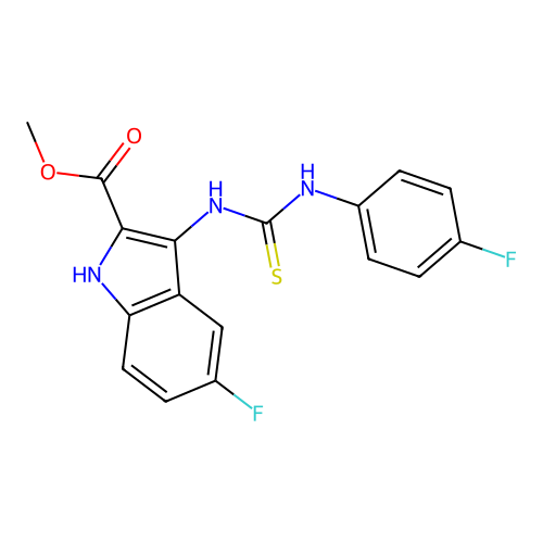 methyl 5-fluoro-3-{[(4-fluorophenyl)carbamothioyl]amino}-1H-indole-2-carboxylate structure