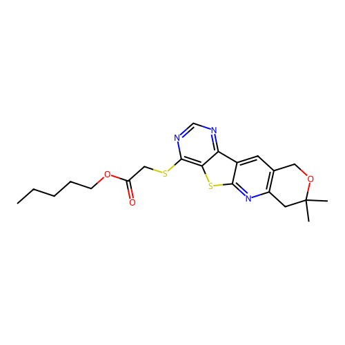 pentyl [(8,8-dimethyl-7,10-dihydro-8H-pyrano[3'',4'':5',6']pyrido[3',2':4,5]thieno[3,2-d]pyrimidin-4-yl)sulfanyl]acetate structure