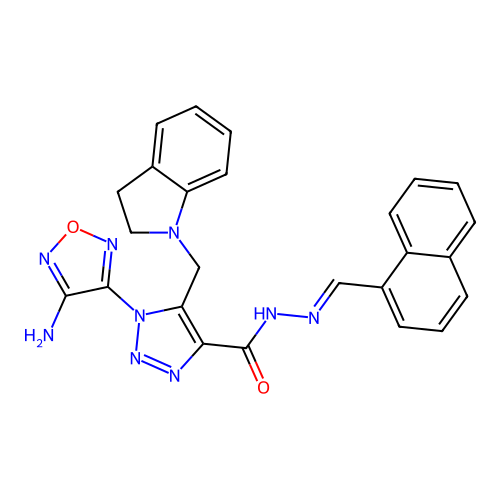 (E)-1-(4-amino-1,2,5-oxadiazol-3-yl)-5-(indolin-1-ylmethyl)-N'-(naphthalen-1-ylmethylene)-1H-1,2,3-triazole-4-carbohydrazide structure