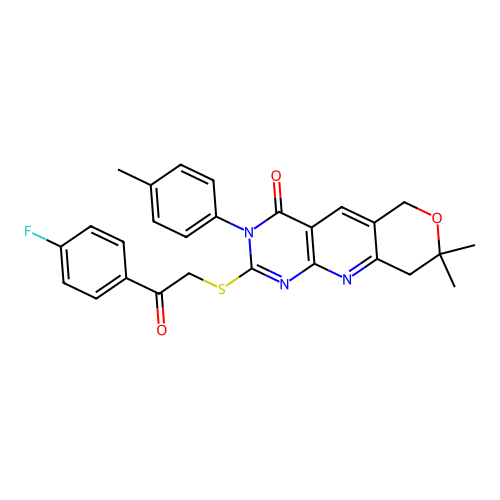 2-((2-(4-fluorophenyl)-2-oxoethyl)thio)-8,8-dimethyl-3-(p-tolyl)-8,9-dihydro-3H-pyrano[3',4':5,6]pyrido[2,3-d]pyrimidin-4(6H)-one structure