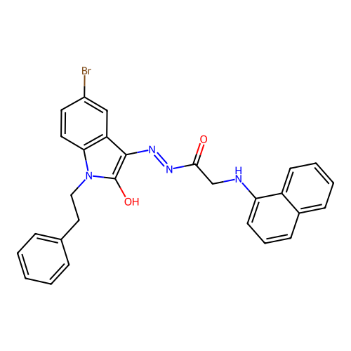 N'-[(3Z)-5-bromo-2-oxo-1-(2-phenylethyl)-1,2-dihydro-3H-indol-3-ylidene]-2-(naphthalen-1-ylamino)acetohydrazide (non-preferred name) structure