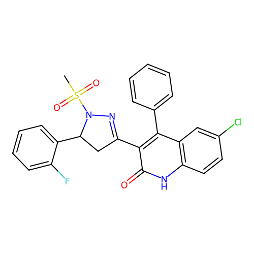 (3E)-6-chloro-3-[5-(2-fluorophenyl)-1-methylsulfonylpyrazolidin-3-ylidene]-4-phenylquinolin-2-one structure