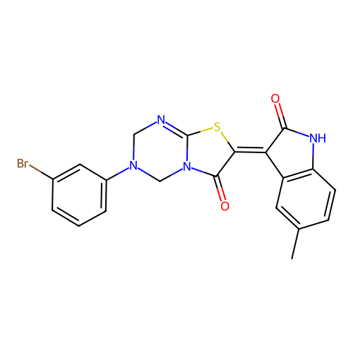 (7Z)-3-(3-bromophenyl)-7-(5-methyl-2-oxo-1,2-dihydro-3H-indol-3-ylidene)-3,4-dihydro-2H-[1,3]thiazolo[3,2-a][1,3,5]triazin-6(7H)-one structure