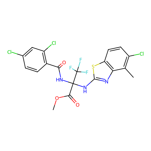 methyl 2-[(5-chloro-4-methyl-1,3-benzothiazol-2-yl)amino]-2-[(2,4-dichlorobenzoyl)amino]-3,3,3-trifluoropropanoate structure