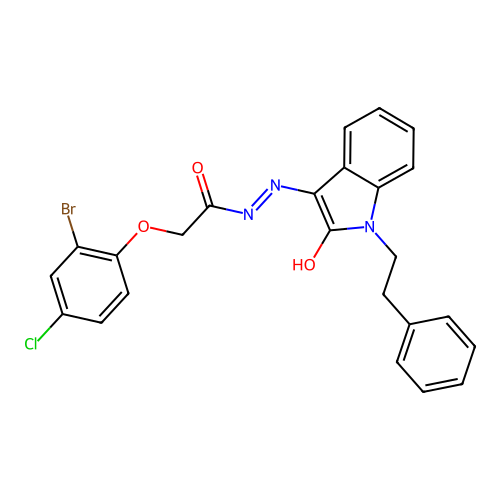 2-(2-bromo-4-chlorophenoxy)-N'-[(3Z)-2-oxo-1-(2-phenylethyl)-1,2-dihydro-3H-indol-3-ylidene]acetohydrazide structure