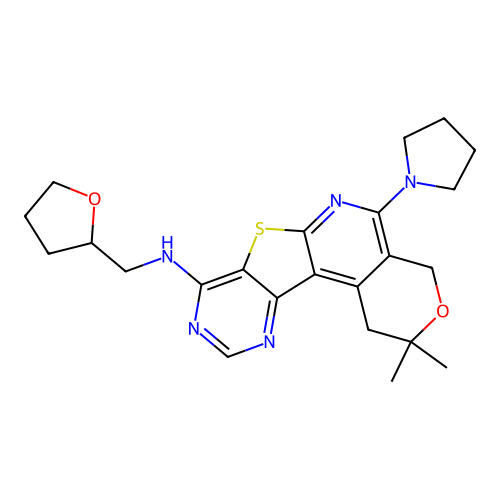 2,2-dimethyl-5-(pyrrolidin-1-yl)-N-((tetrahydrofuran-2-yl)methyl)-2,4-dihydro-1H-pyrano[4'',3'':4',5']pyrido[3',2':4,5]thieno[3,2-d]pyrimidin-8-amine structure