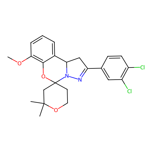 2'-(3,4-dichlorophenyl)-7'-methoxy-2,2-dimethyl-1',2,3,5,6,10b'-hexahydrospiro[pyran-4,5'-pyrazolo[1,5-c][1,3]benzoxazine] structure