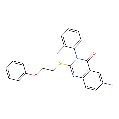 6-iodo-3-(2-methylphenyl)-2-[(2-phenoxyethyl)sulfanyl]quinazolin-4(3H)-one structure