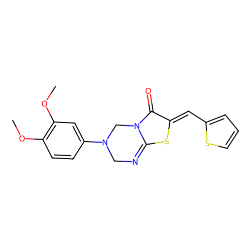 (7Z)-3-(3,4-dimethoxyphenyl)-7-(thiophen-2-ylmethylidene)-2,4-dihydro-[1,3]thiazolo[3,2-a][1,3,5]triazin-6-one structure