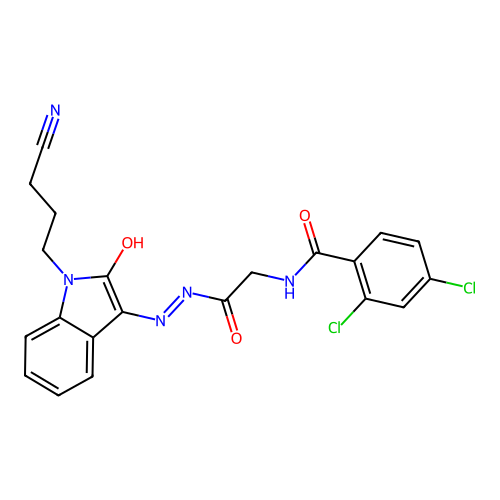 2,4-dichloro-N-[[[1-(3-cyanopropyl)-2-oxo-indol-3-ylidene]amino]carbamoylmethyl]benzamide structure