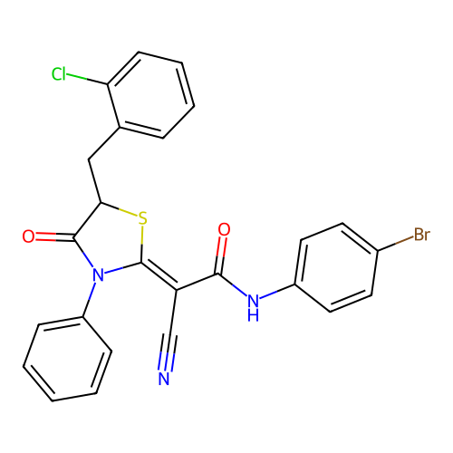 (2Z)-N-(4-bromophenyl)-2-[5-(2-chlorobenzyl)-4-oxo-3-phenyl-1,3-thiazolidin-2-ylidene]-2-cyanoethanamide structure