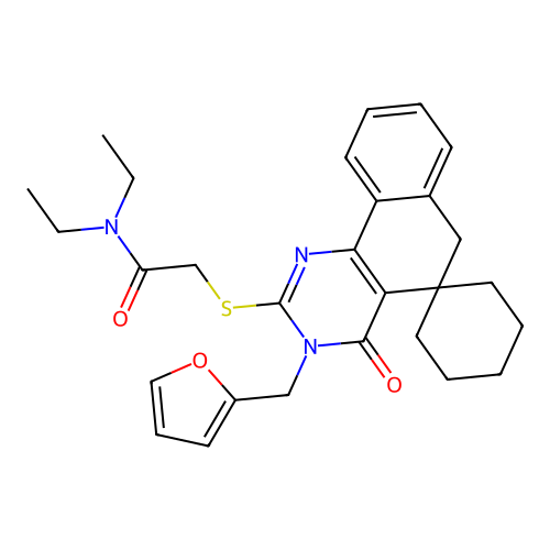 N,N-diethyl-2-((3-(furan-2-ylmethyl)-4-oxo-4,6-dihydro-3H-spiro[benzo[h]quinazoline-5,1'-cyclohexan]-2-yl)thio)acetamide structure