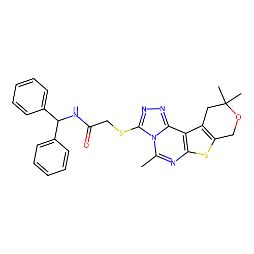 N-(diphenylmethyl)-2-[(5,10,10-trimethyl-10,11-dihydro-8H-pyrano[4',3':4,5]thieno[3,2-e][1,2,4]triazolo[4,3-c]pyrimidin-3-yl)sulfanyl]acetamide structure