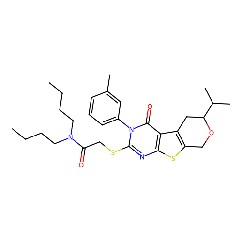N,N-dibutyl-2-((6-isopropyl-4-oxo-3-(m-tolyl)-4,5,6,8-tetrahydro-3H-pyrano[4',3':4,5]thieno[2,3-d]pyrimidin-2-yl)thio)acetamide structure