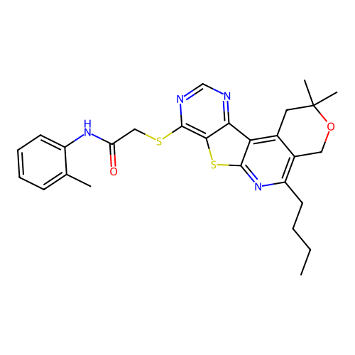 2-((5-butyl-2,2-dimethyl-2,4-dihydro-1H-pyrano[4'',3'':4',5']pyrido[3',2':4,5]thieno[3,2-d]pyrimidin-8-yl)thio)-N-(o-tolyl)acetamide structure