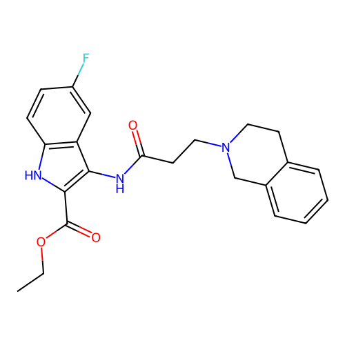 Ethyl 3-[3-(3,4-dihydro-1H-isoquinolin-2-yl)propanoylamino]-5-fluoro-1H-indole-2-carboxylate structure