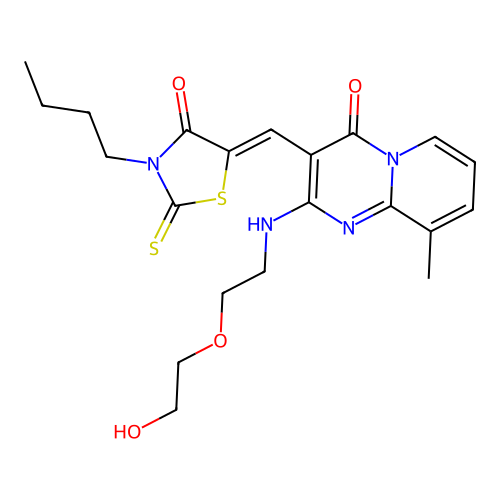 3-[(Z)-(3-butyl-4-oxo-2-thioxo-1,3-thiazolidin-5-ylidene)methyl]-2-{[2-(2-hydroxyethoxy)ethyl]amino}-9-methyl-4H-pyrido[1,2-a]pyrimidin-4-one structure