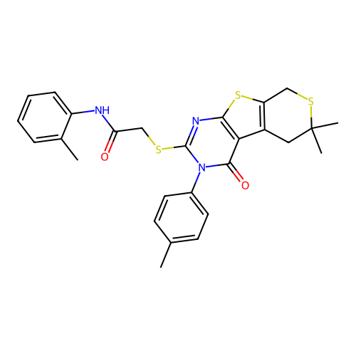 2-((6,6-dimethyl-4-oxo-3-(p-tolyl)-4,5,6,8-tetrahydro-3H-thiopyrano[4',3':4,5]thieno[2,3-d]pyrimidin-2-yl)thio)-N-(o-tolyl)acetamide structure