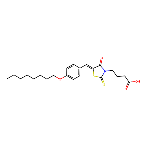 4-{(5Z)-5-[4-(octyloxy)benzylidene]-4-oxo-2-thioxo-1,3-thiazolidin-3-yl}butanoic acid structure